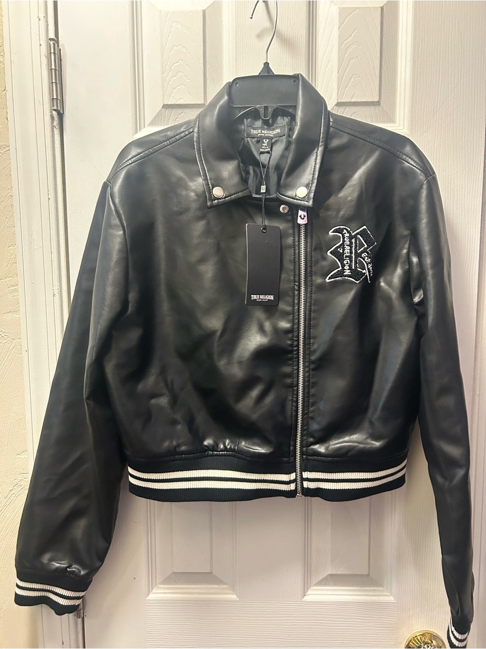 True Religion Black Faux Leather Varsity Bomber Jacket with White Stripe Trim